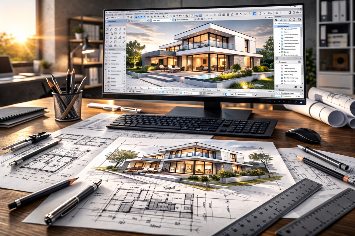 Modern Architekturentwurf mit Plänen und Computeranzeige eines Hauses.