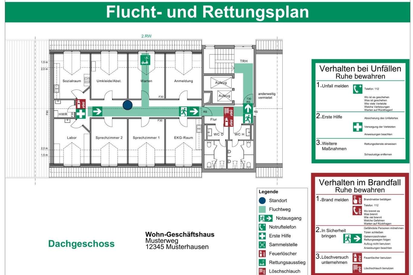 Flucht- und Rettungsplan mit Fluchtwegen und Notausgängen in einem Gebäude.