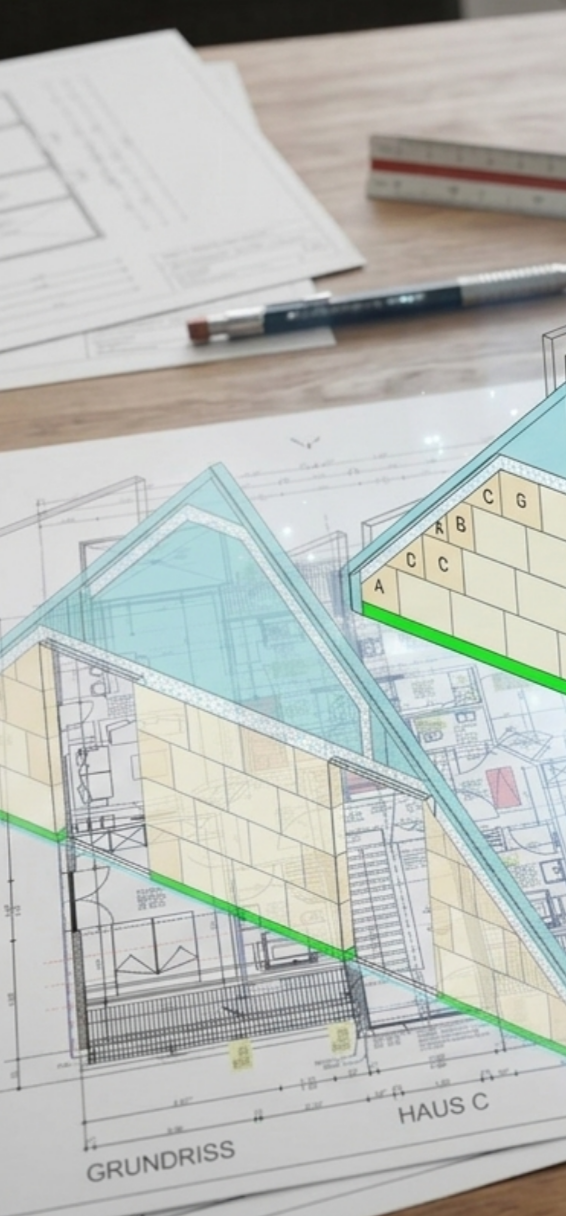 Ausschnitt Wandelementierung (KI generiertes Bild) Architektenpläne mit darüber projizierten farbigen Wänden mit Steinschichten.