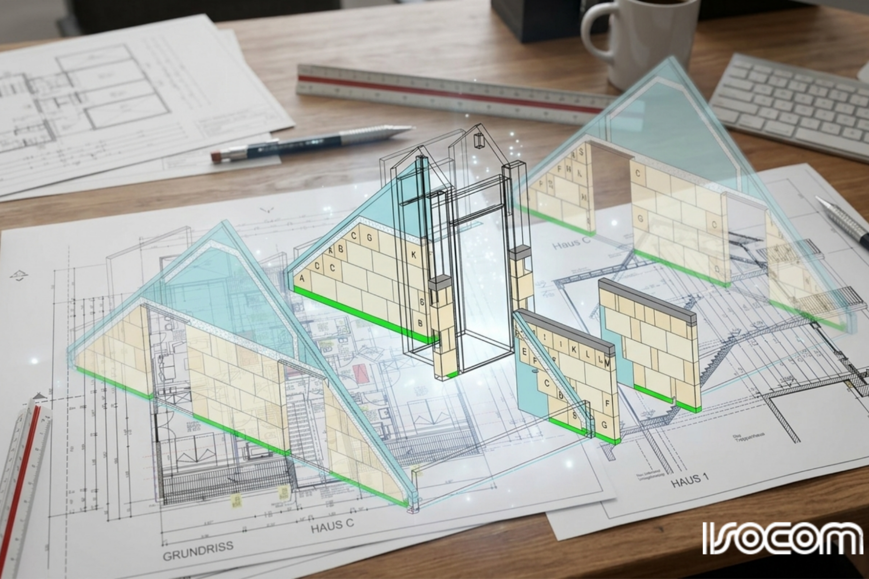 Wandelementierung (KI generiertes Bild) Architektonische Pläne und 3D-Modelle der Wände mit elementierten Steinen auf einem Tisch, umgeben von Bürobedarf.
