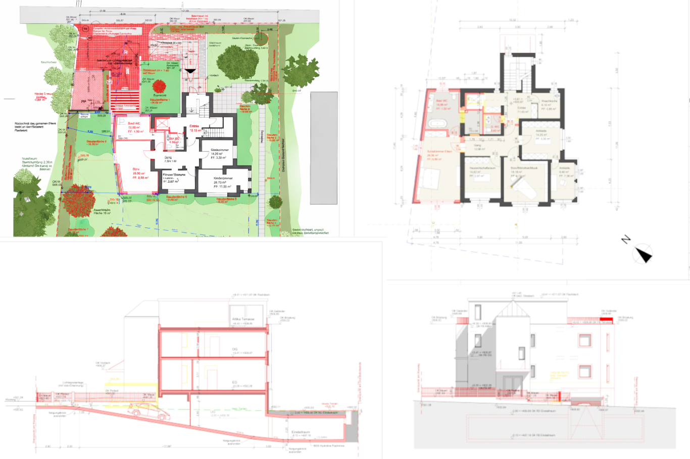 Grundrisspläne und Geländedarstellung eines Bauprojekts mit Außenanlagen.
