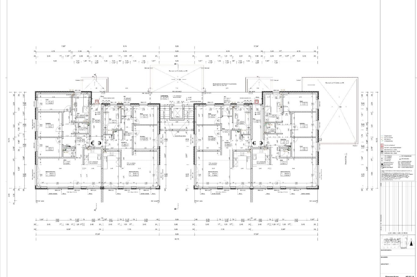 Grundriss eines Gebäudes mit mehreren Wohnungen und verschiedenen Räumen.