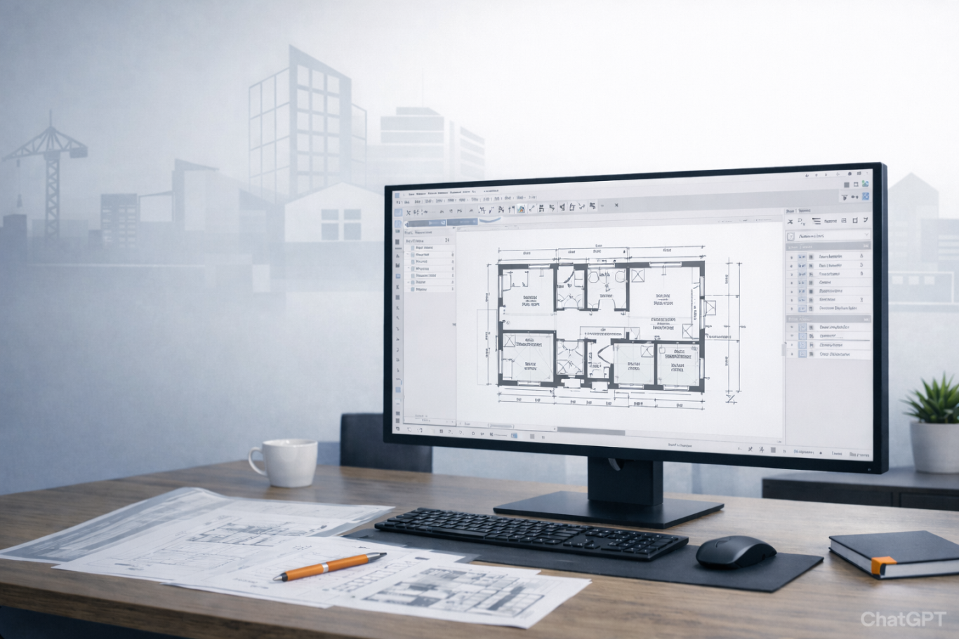 Computer mit Bauplänen auf dem Bildschirm, Arbeitsbereich mit Papierplänen